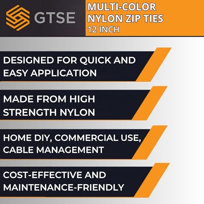 GTSE 12 Inch Colored Ties, 200 Pack, 50lb Strength, UV Resistant Long Nylon Cable Ties, Self-Locking 12" Tie Wraps