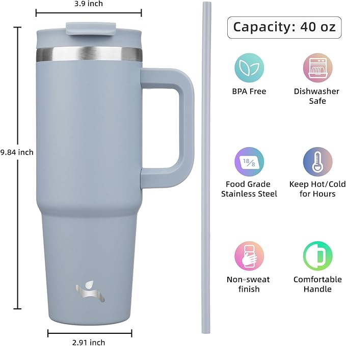 40 oz Tumbler with Handle and 2 Straws,2 in 1 Lid Insulated Water Bottle Stainless Steel Travel Coffee Mug,Lavender