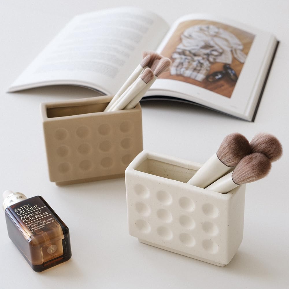 WENSHUO Abstract Square Face Pen Holder, Modern and Minimalistic Desk Accessories (Matte Crème)