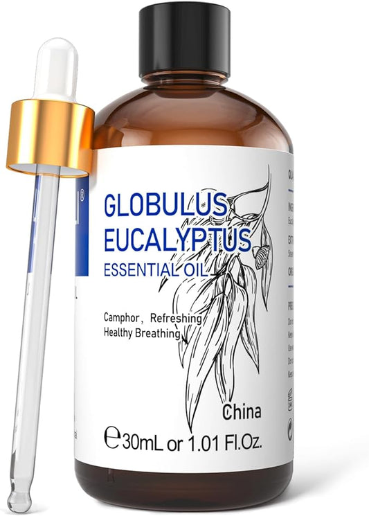 HIQILI Eucalyptus Essential Oil 1 Fl Oz, 100% Pure Natural Therapeutic Grade, Premium Grade Glass Dropper for Diffuser, Humidifier, Air Freshening, Cleaning, Home, Skin