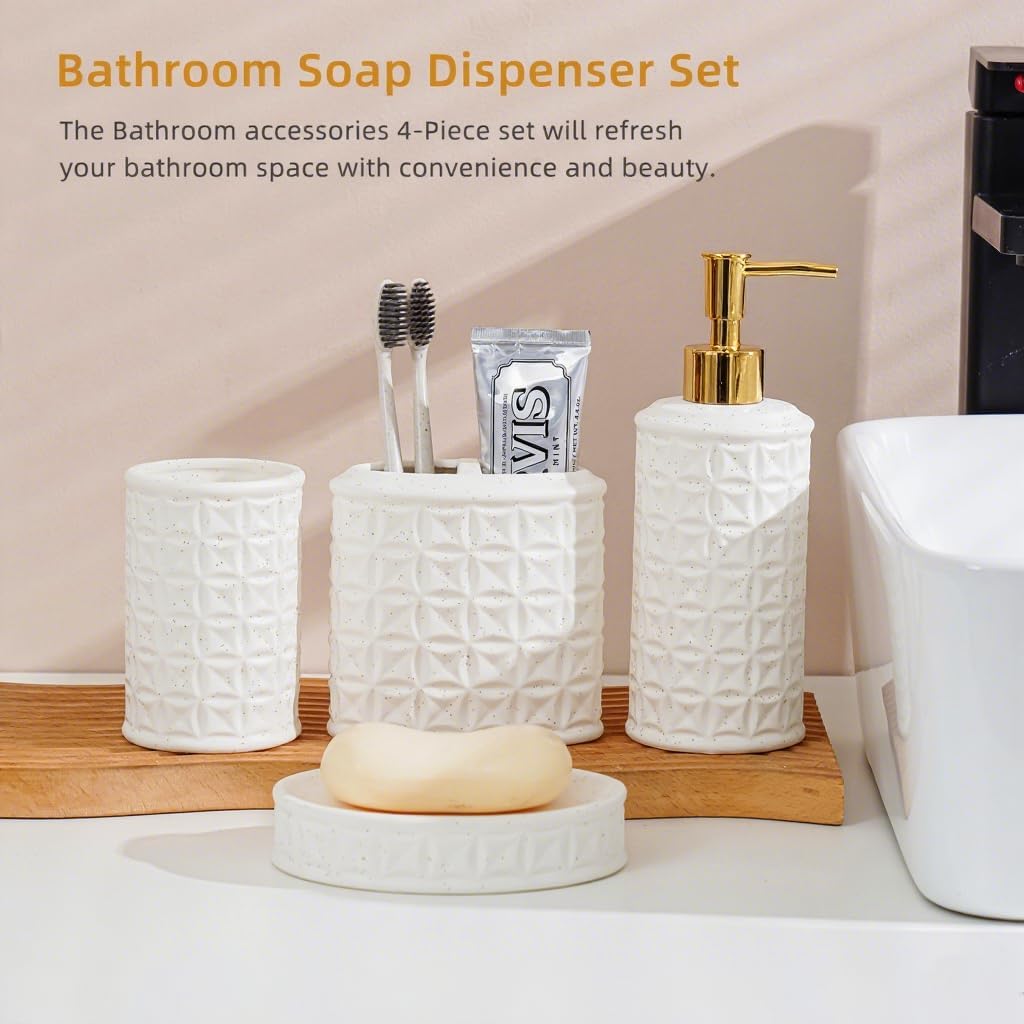 Bathroom Accessories Set 4 Pcs - Ceramic Soap Dispenser, Toothbrush Holder, Tumbler & Soap Dish with Coin Pattern Design, White Bathroom Decor Set for Counter Organization
