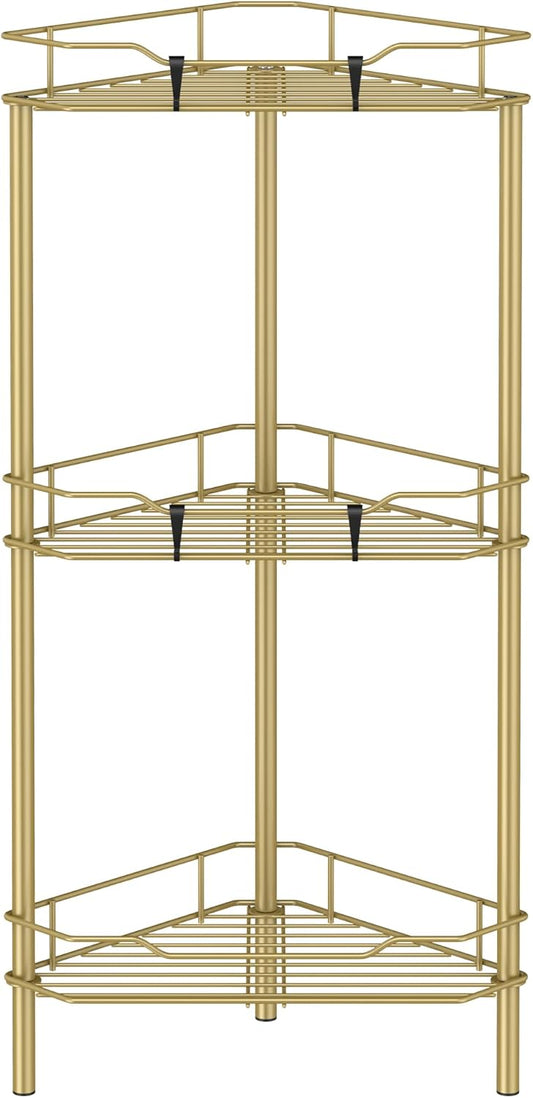 3 Tier Floor Standing Corner Shower Caddy Organizer Shelf with Hooks, Bathroom Shelves Stand Rack, Gold