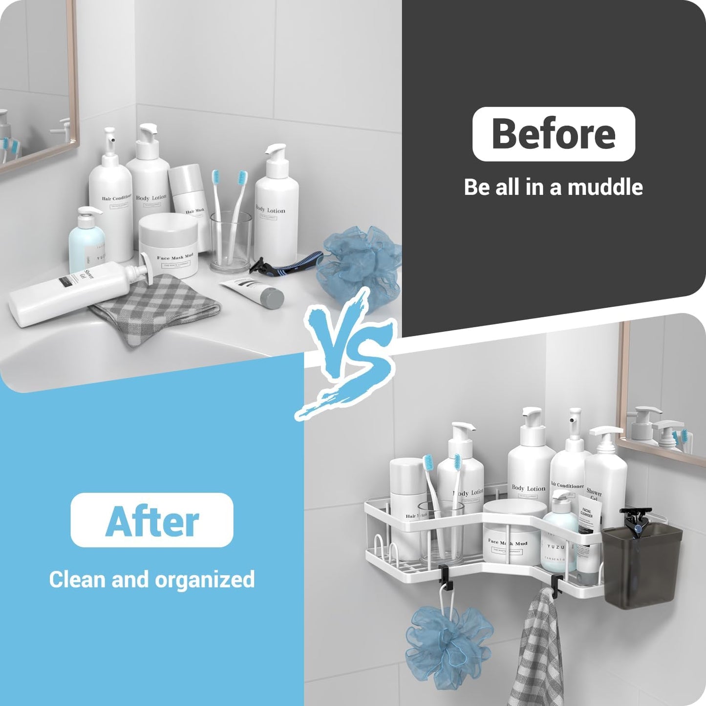 Shower Caddy Corner Organizer Shelf: 2Pack Adhesive Shower Shelf Essentials Accessories - No Drilling Stainless Steel Bathroom Storage Rack with Hooks and Toothpaste Holder