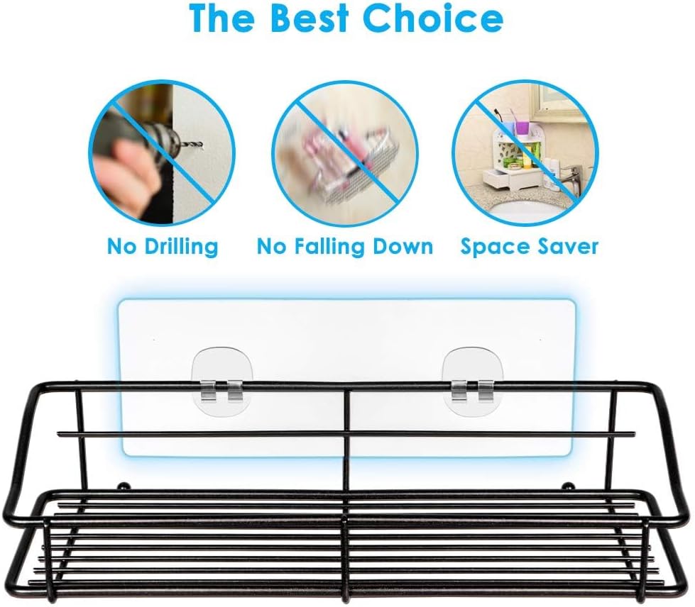 Nieifi Shower Caddy Shelf with Hooks Storage Rack Organizer Adhesive Stainless Steel without Drilling for Bathroom, Lavatory, Washroom, Restroom, Shower, Toilet, Kitchen (Black, 3 Pack)