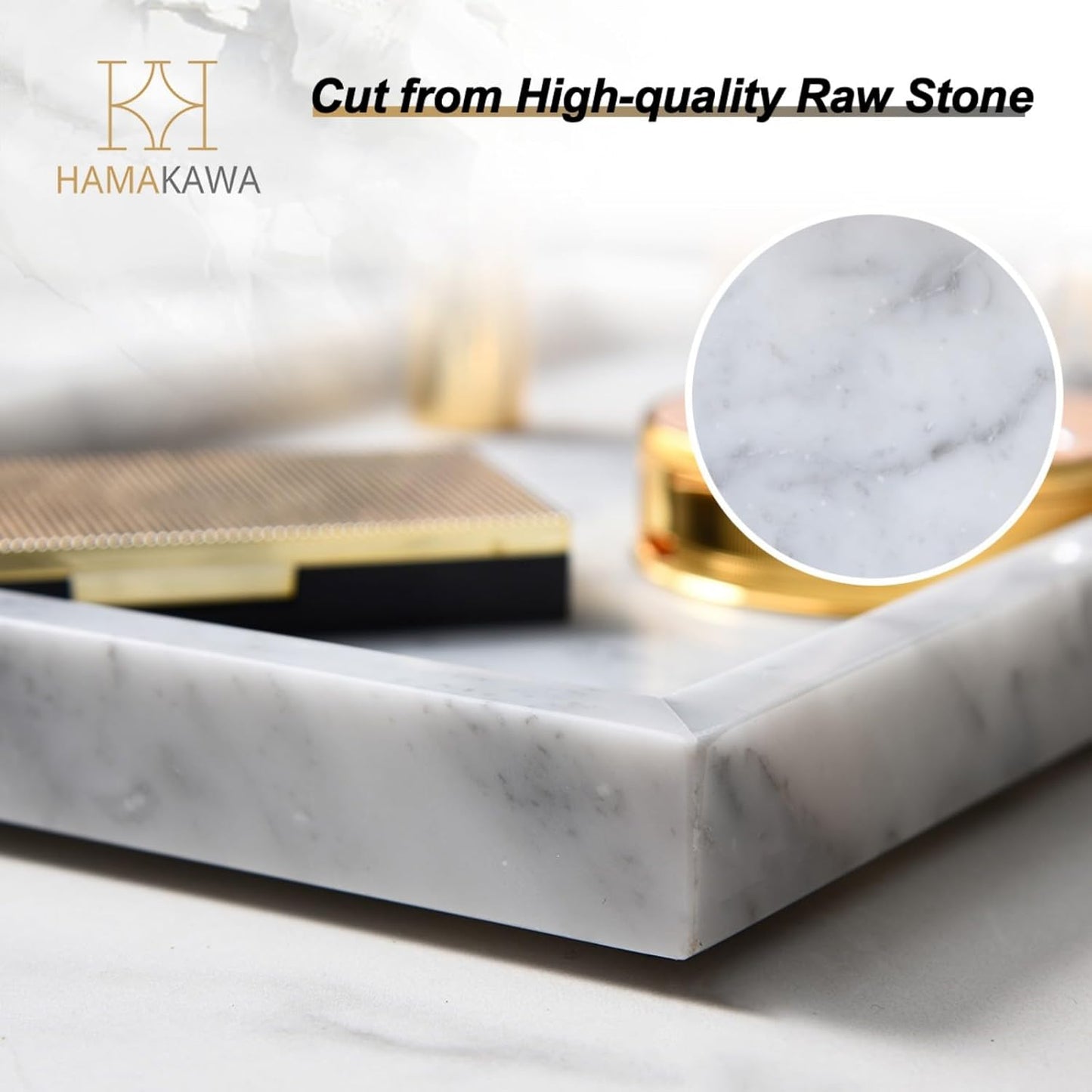 HAMKAWA Large Bathroom Vanity Tray, Real Natural Marble Sink Tray 12 Inch, Carrara White Stone Toilet Tank Trays, Modern Dresser Trays, Countertop Organizer for Kitchen Counter, Soap Dispenser