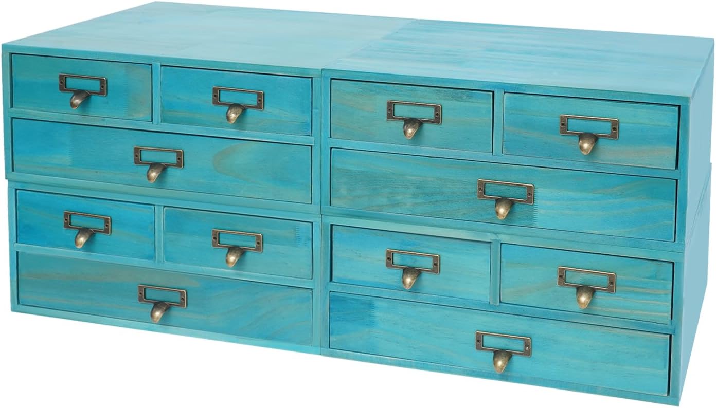 4-Piece Desktop Organizer Set with 3 Drawers, Wood & Metal Drawer Storage, Wooden Desktop Organizer for Store Cosmetics, Jewelry, Letters, Papers, Tea Bags, Sugar Packets (Blue)