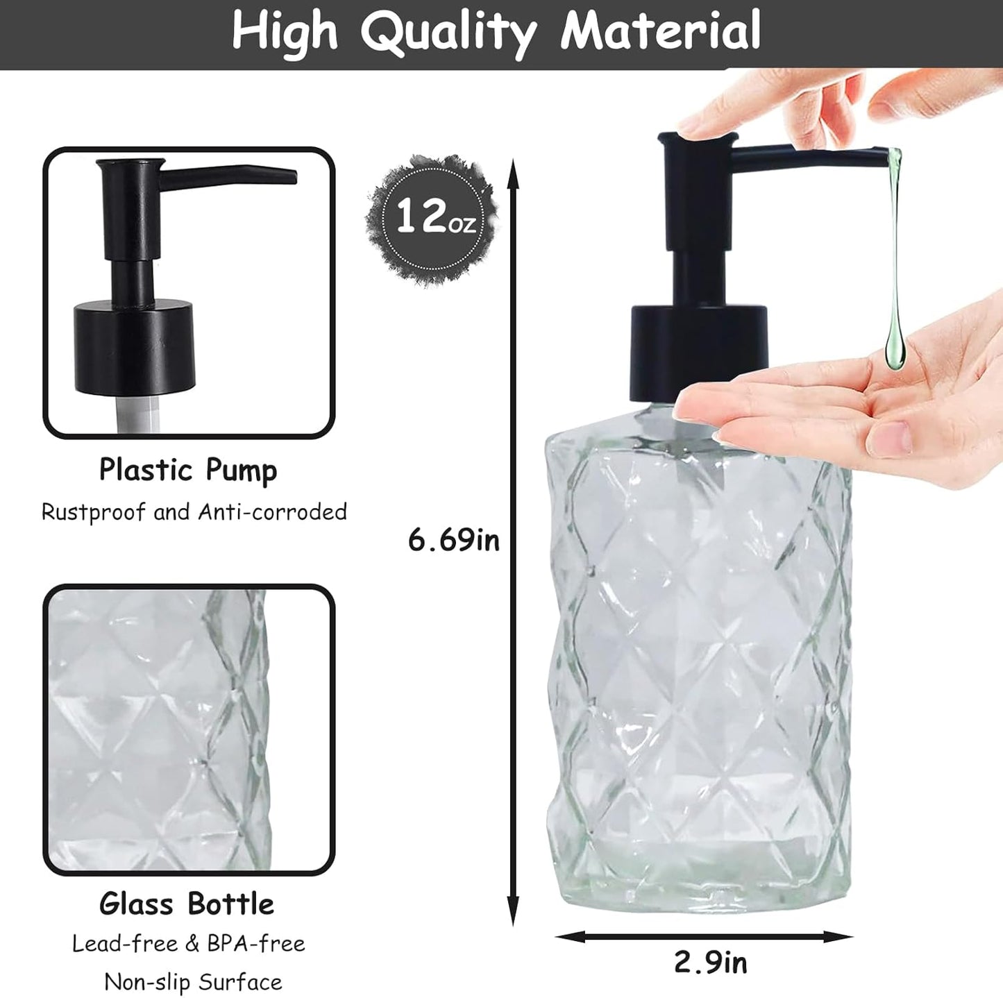 Crystal Clear Glass Soap Dispenser with Black Pump, 2 Pack 12oz Diamond Hand Dispenser, Refillable Lotion Dispenser & Dish Soap Dispenser, Bathroom Soap Dispenser for Liquid, Shower Gel