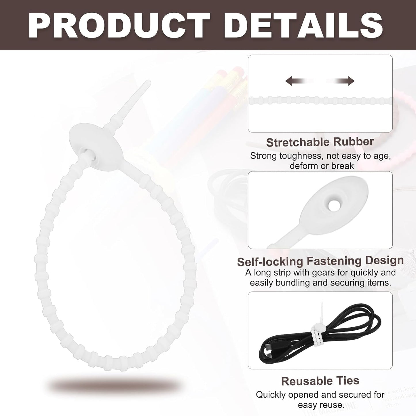 uxcell 20 Pcs Silicone Ties Bag Clip, 8.5 Inch Multi Purpose Silicone Zip Ties Reusable Rubber Zip Tie, Cable Strap Cord Organizer for Home Office Food Bag Wires Cables, White