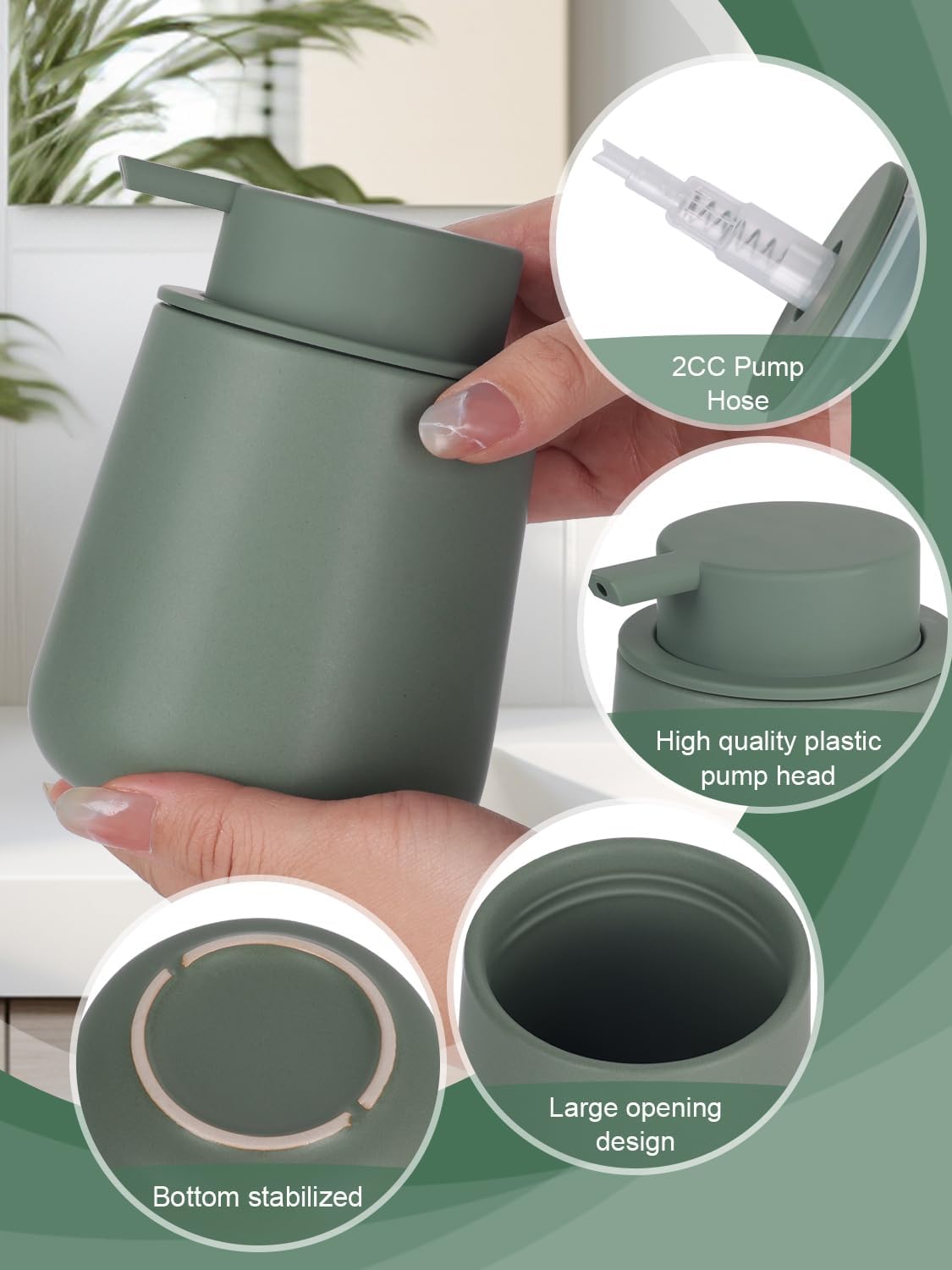 INGOFIN Ceramic Lotion Dispenser - 12oz Refillable Hand Soap Dispenser Bathroom, Modern Liquid Dispenser with Pump, Dish Dispenser for Kitchen, Matte Green