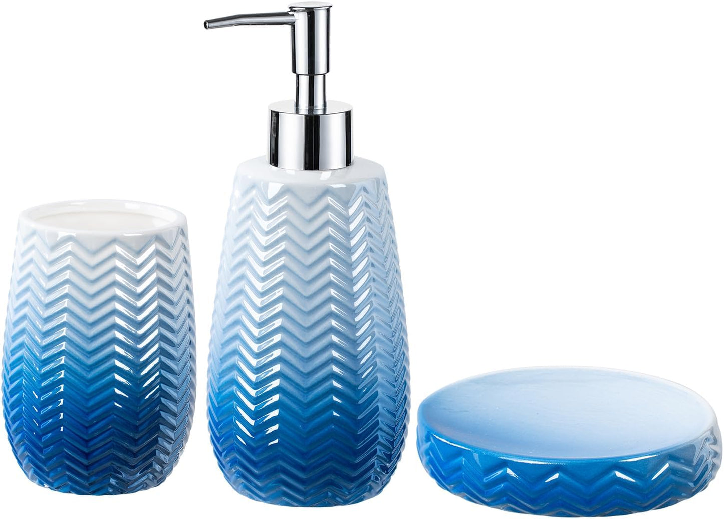 Bathroom Accessory Set,Blue Bathroom Decor,Blue Soap Dispenser, Soap Dish and Tumbler,Wavy Bathroom Accessories Complete Set
