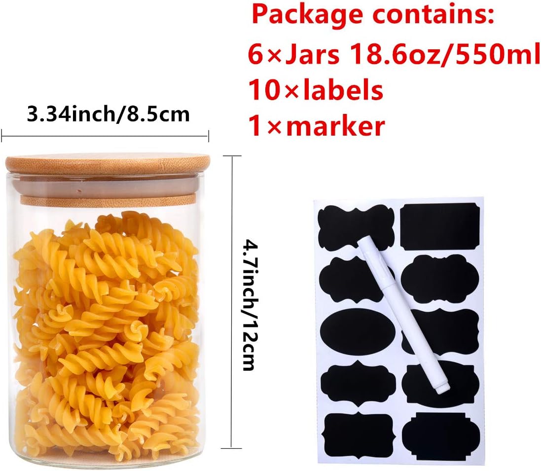 6 Piece Glass Storage Jars Set with Airtight Bamboo Lids and Labels,18.6oz/550ml Glass Spice Jars Food Storage Containers for Home Kitchen,Pantry, Tea, Sugar, Salt, Coffee, Flour, Herbs, Grains