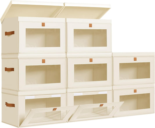 DIMJ Storage Bins with Lids - 8 Pack Large Fabric Closet Organizer with Window & Handles, Collapsible Decorative Storage Boxes for Shelves Under Bed, Books Clothes Blankets Sweaters Organization