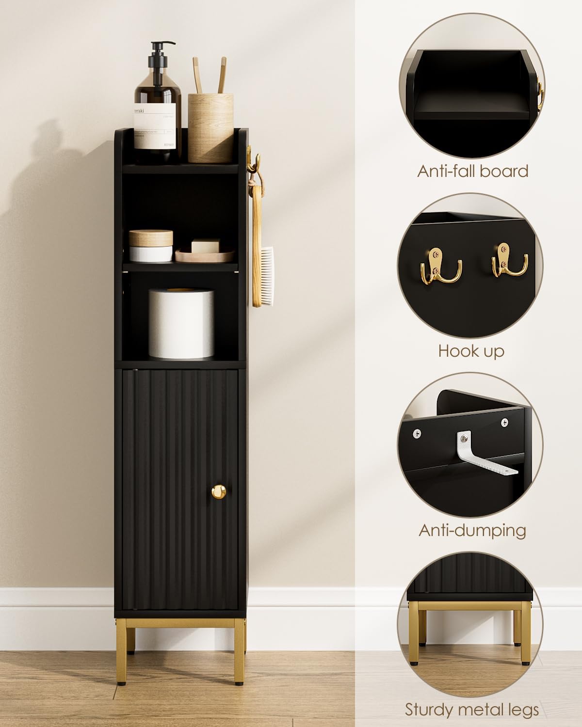 Bathroom Storage Cabinet, Small Corner Floor Hutch with Door and Shelves, Narrow Toilet Paper Cabinet, Bathroom Organizer with Adjustable Shelf, for Small Spaces (Modern-Wave, Black)