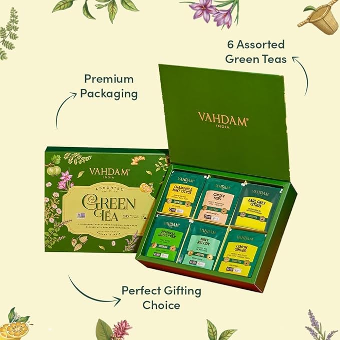 VAHDAM, Green Tea Variety Pack Sampler Assortment (36 Pyramid Tea Bags, 6 Flavor) | Non-GMO Project Verified Himalayan Green Tea with No Artificial Ingredients | Gifts for Women & Men
