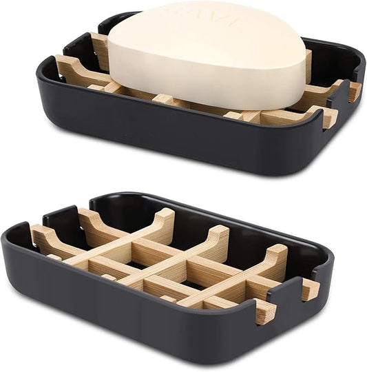Bamboo Wooden Soap Dishes for Shower with Drainage for Bathroom Bar Soap Holder Soap Holder Sink Deck Bathtub Shower Tray (One Pieces Black)
