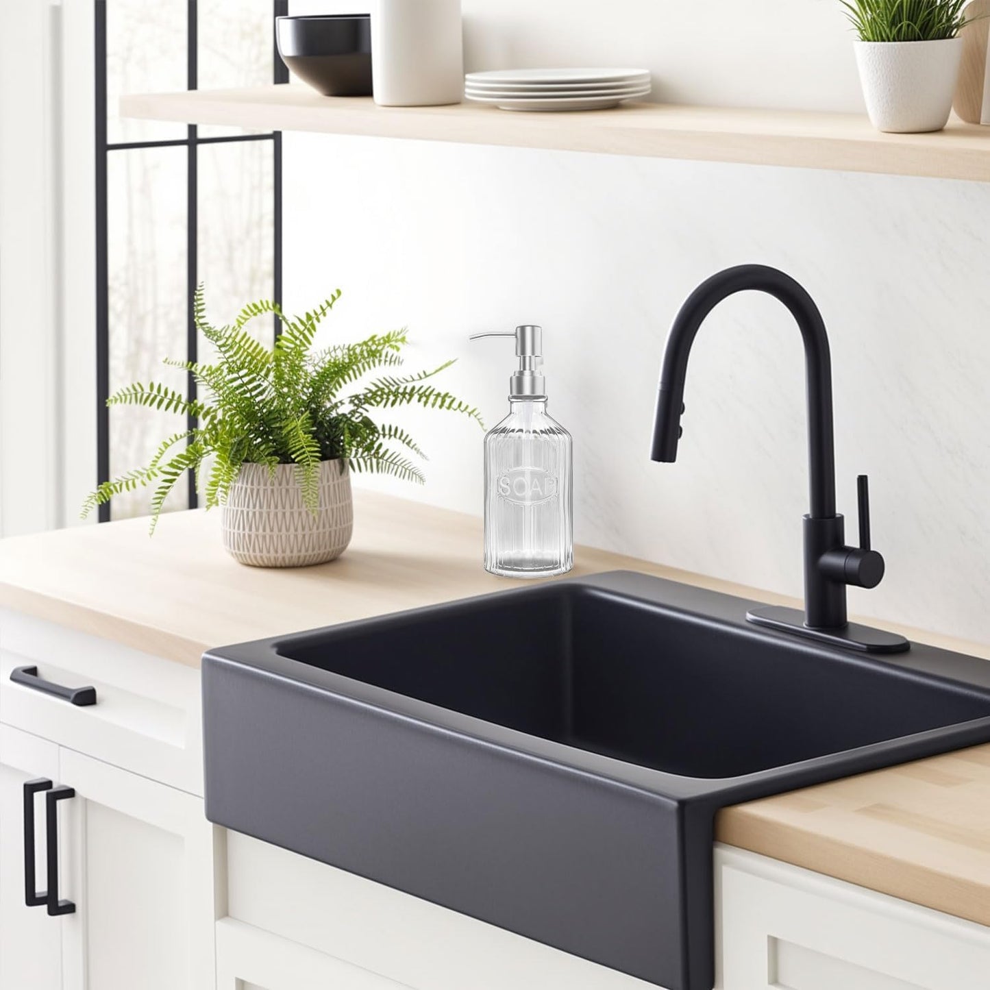 Glass Dish Soap Dispenser - Refillable Kitchen Hand Pump for Rust Proof Stainless Steel Countertop, Clear Liquid Bathroom Dispenser