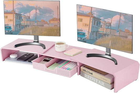Dual Monitor Stand Riser with Drawer, Desk Organizer and Accessories, Pink Monitor Stand for Desk, Desktop Stand for Computer, Laptop, TV and More (Pink)