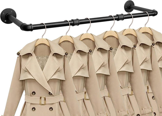 Industrial Iron Pipe Clothes Hanging Bar DIY Wall-Mounted Garment Rack Heavy Duty Clothing Rack for Bedroom, Laundry Room, Closet Storage (Black 36 inch)