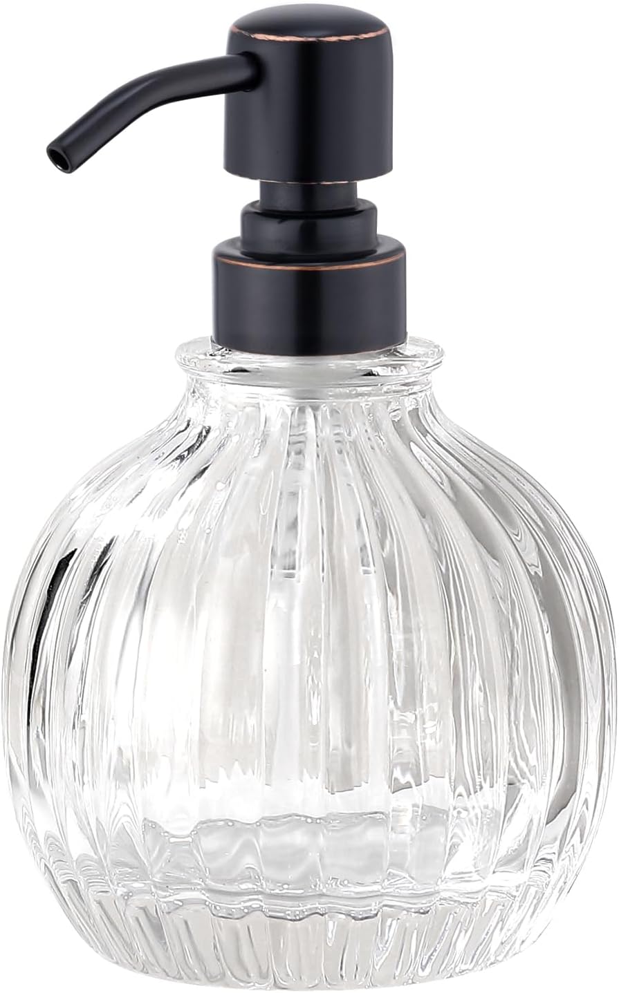 Round Soap Dispenser Bathroom with Oil Rubbed Bronze Pump, Glass Pump Bottle with Stainless Steel Pump Liquid Sphere Soap Dispenser Circular Countertop Kitchen