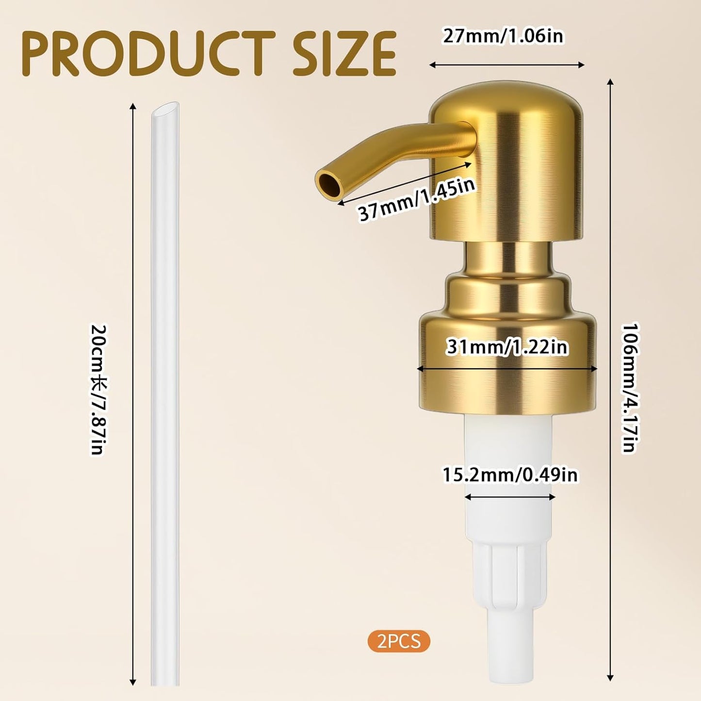 2 Pack Gold Soap Dispenser Pump Replacement, Stainless Steel Hand Liquid Soap Pump for Regular Mouth Bottles Standard 28/400 Neck Size for Hand Dish Soap Bottle and Lotion