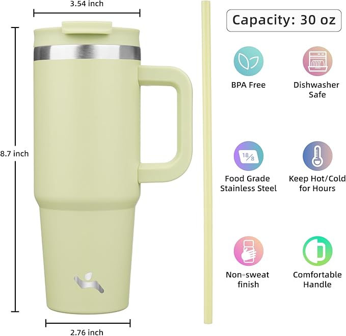 30 oz Tumbler with Handle and 2 Straws,2 in 1 Lid Insulated Water Bottle Stainless Steel Travel Coffee Mug,Macaron Green