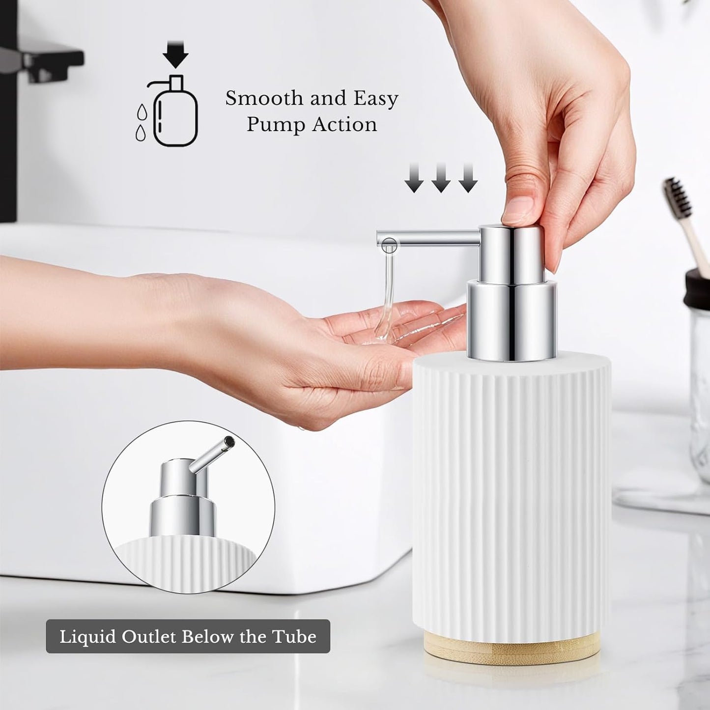 Bathroom Accessories Set, 7PCS Resin Bathroom Set with Bamboo Base, with Soap Dispenser, Q-tip Holder, Toothbrush Holder, Tumbler, Soap Dish, Vanity Tray, Complete Bathroom Set for Modern Decor,White