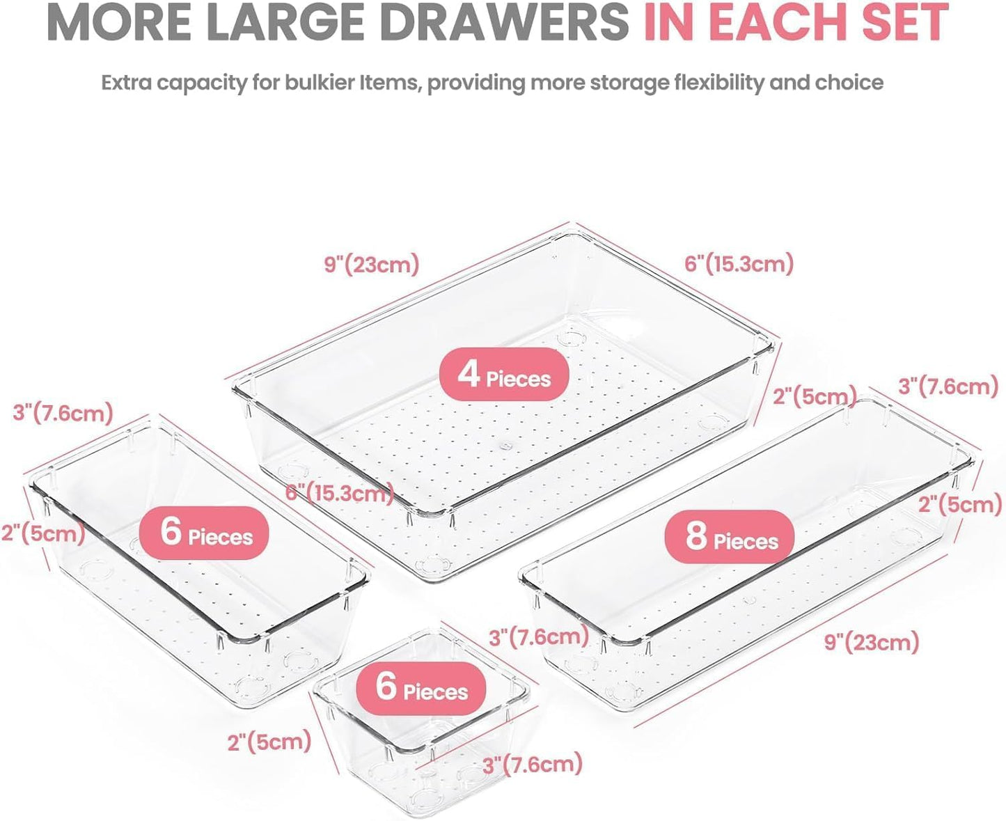 HOUSE DAY Makeup Drawer Organizer Trays 24 PCS, 4-Size Clear Drawer Organizers with Silicone Pads, Vanity Organizers and Storage, Non Slip Plastic Drawer Organizer for Desk, Bathroom, Kitchen, Office