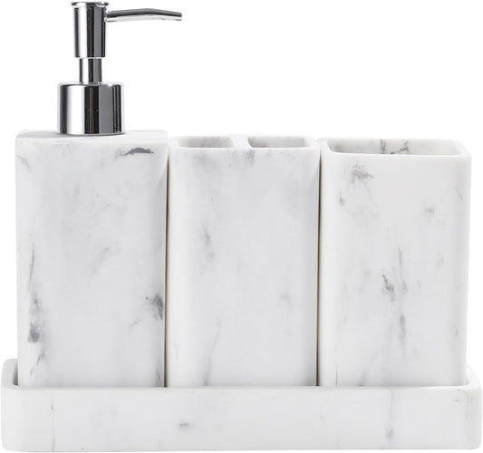 Bathroom Accessories Set, 4 Pcs Bathroom Accessory Set, Soap Dispenser, Toothbrush Holder, Qtip Holder Set, Bathroom Sets Complete, Bathroom Sink Set for Modern Home Decor, White