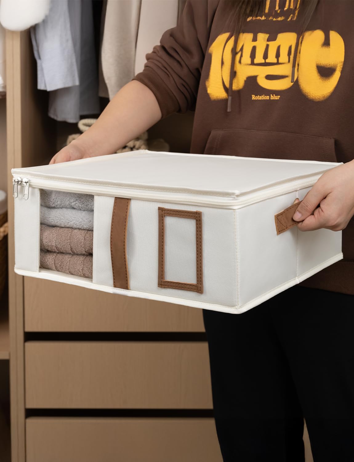 StorageWorks 4-Pack Bed Sheet Organizers and Storage, Foldable Bedsheet Holder for Linen Closet, Bedding Container with Handle, Beige, 15" D x 12¾"W x 5½"H