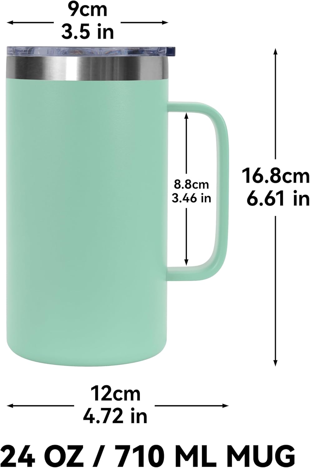DOMICARE 24oz Mug with Handle and Lid, Stainless Steel Coffee Mug, Reusable Insulated Cup, Travel Mug with Handle, Double Wall Vacuum Coffee Tumbler for Men and Women, Mint Green, Pack 1