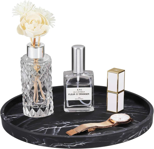 Emibele Vanity Tray, Resin Round Tray Decorative Storage Organizer for Bathroom Toilet Tank Bedroom Kitchen Countertop, Jewelry Storage Dresser Tray for Candle,Lotion Bottle,Cosmetics, Matte Ink Black