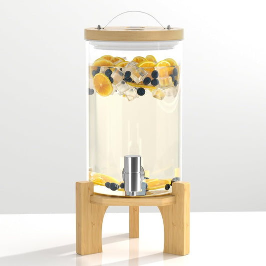 1.2 Gallon Glass Drink Dispenser For Parties, Beverage Dispenser With Bamboo Wood Stand And Stainless Steel Spigot, Countertop Water Dispenser, Lemonade Dispenser For Wedding, Picnic (1PACK)
