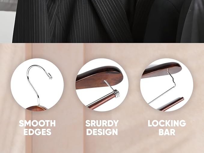 Suit Hangers for Men 6 Pack Wide Shoulder Hanger Smooth Finish Wooden Suit Hanger for Men and Women Coat Hangers 360° Swivel for Dress Jacket Non Slip Pant bar with Locking bar