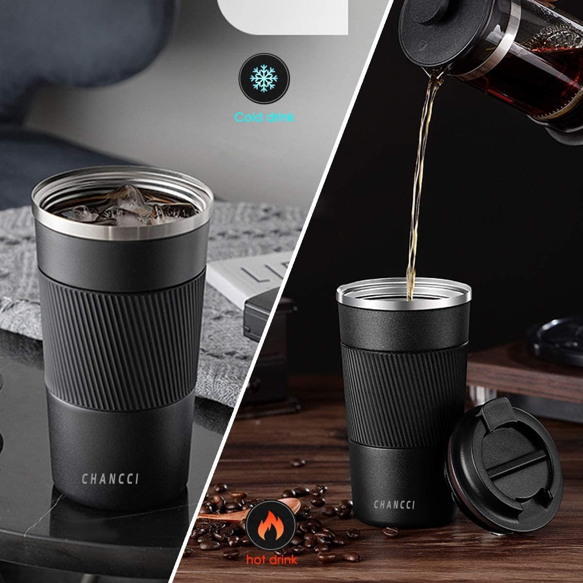 16oz Travel Coffee Mug Spill Proof, Insulated Coffee Mug with Lid, Leakproof Coffee Tumbler,Stainless Steel Vacuum Coffee Cup for Hot/Cold Drinks, Reusable Coffee Cup for Men Women -510ml,Black