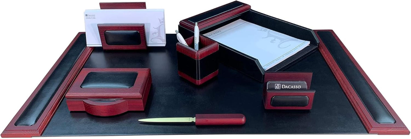 Dacasso Leather Desk Set - Luxury Leather Desk Pad& Desk Organization Essentials - Office Organization & Executive Desk Decor - (Rosewood and Black, 7 Piece)