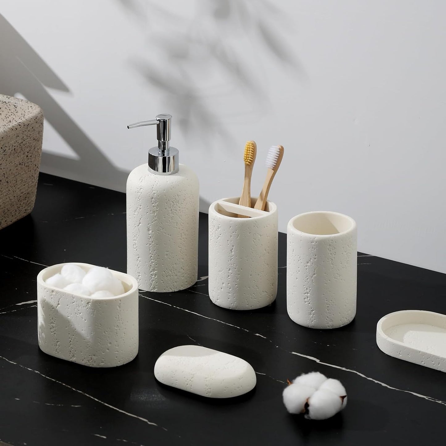 Bathroom Accessories Set, 5PCS Modern Bathroom Accessory Set with Soap Dispenser, Mouthwash Cup & Toothbrush Holder, Qtip Holder, Tray