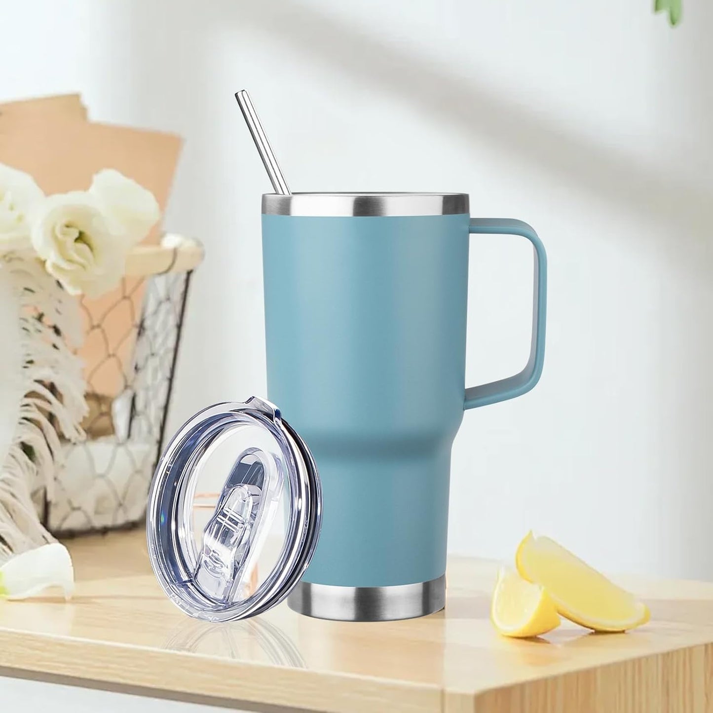 20oz Insulated Tumbler with Handle Stainless Steel Travel Coffee Mug with Lid and Straw Double Wall Vacuum Leak-proof Reusable Thermal Water Cup for Hot and Cold Drinks (Glacier blue,1 Pack)