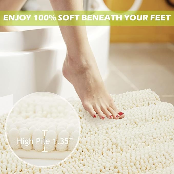 KGORGE Bath Mat for Bathroom - White Super Soft Shower Rug Non-Slip Washable Absorbent Quick Drying Chenile Bathtub Floor Carpet, Cream, 70" x 24", 1 Piece