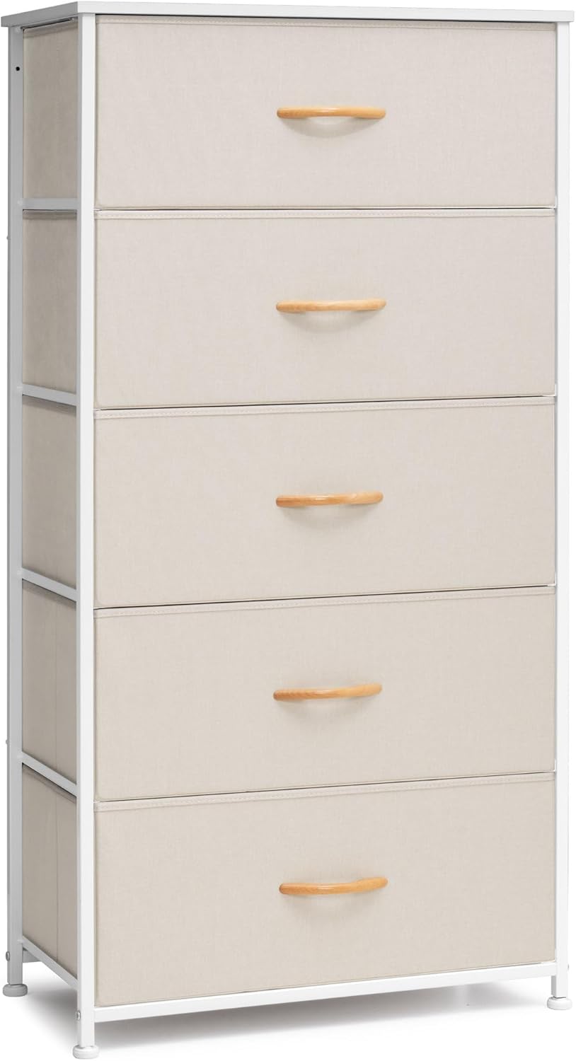 Crestlive Products Vertical Dresser Storage Tower - Sturdy Steel Frame, Wood Top, Easy Pull Fabric Bins - Wide Organizer Unit for Bedroom, Hallway, Entryway, Closets - 5 Drawers(Beige)