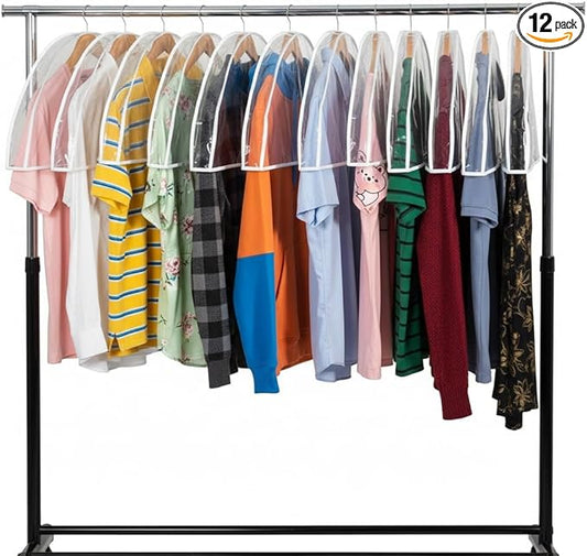 Clear Shoulder Covers Vinyl Plastic Hanger Covers for Clothes (Set of 12), Closet Clothes Protectors Breathable Garment Cover with 2" Gusset, Suit Shoulder Covers for Closets - 24'' X12" X2''/12 Pack