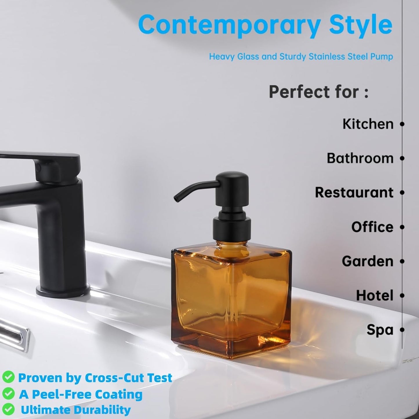 Square Bathroom Soap Dispenser Amber Bottle with Black Pump, Retangle Cube 8.4 oz Glass Bottles with Stainless Steel Pump Hand Liquid Soap Dispenser Kitchen
