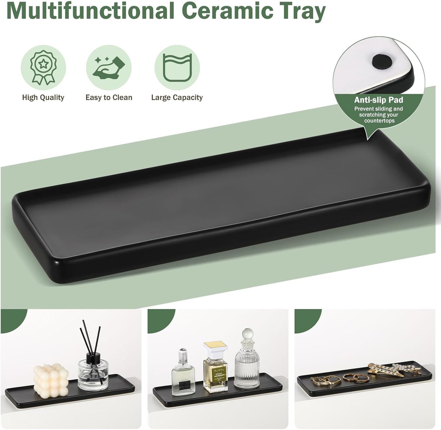 Shinowa Bathroom Accessories Set, 5 Pcs Clear Glass Bathroom Accessory Sets Complete with Soap Dispenser, Toothbrush Holder, Q-Tips Holder, Soap Dish, Ceramic Tray, Vanity Organizer, Green