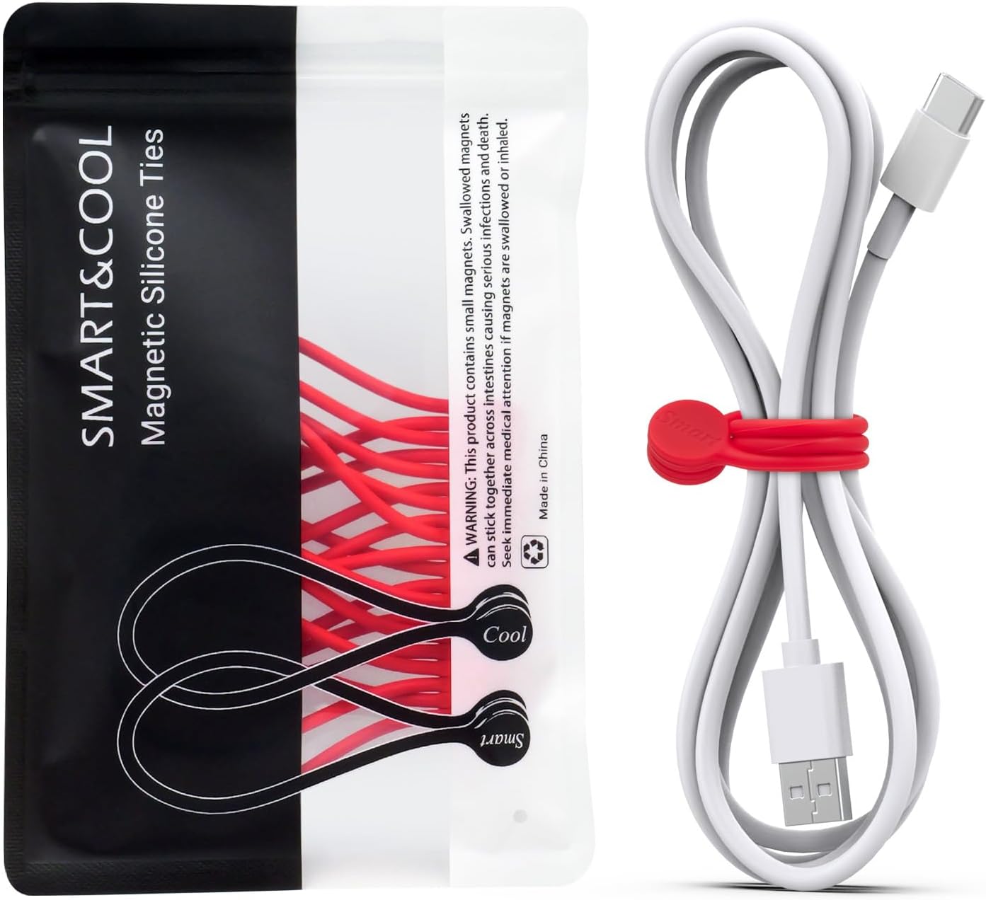 SMART&COOL Reusable Silicone Magnetic Cable Ties for Bundling and Organizing, Holding Stuff, Book Markers, Fridge Magnets, Assorted Color, 7.16'' (10-Pack, Red)