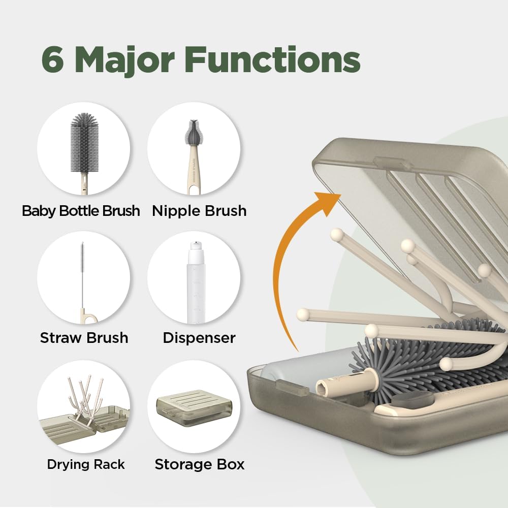 Travel Bottle Brush, Travel Bottle Cleaner Kit with Bottle Drying Rack, Transparent Coffee