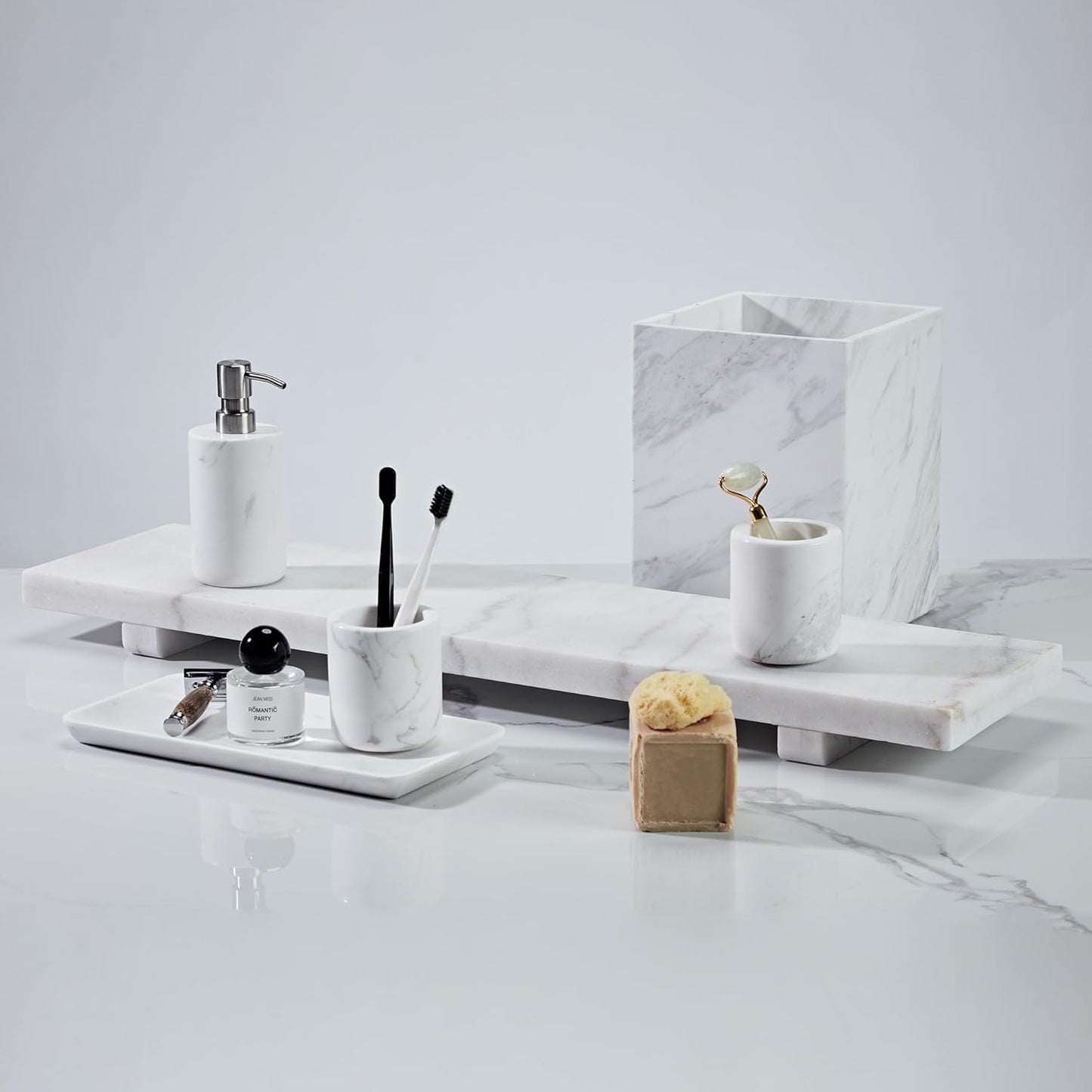 Luxury White Marble Bathroom Essentials Set - Elegant Spa Collection with Timeless Design, High-End Bath Accessories, Premium Stone Craftsmanship for Modern & Classic Decor (Wastebasket)