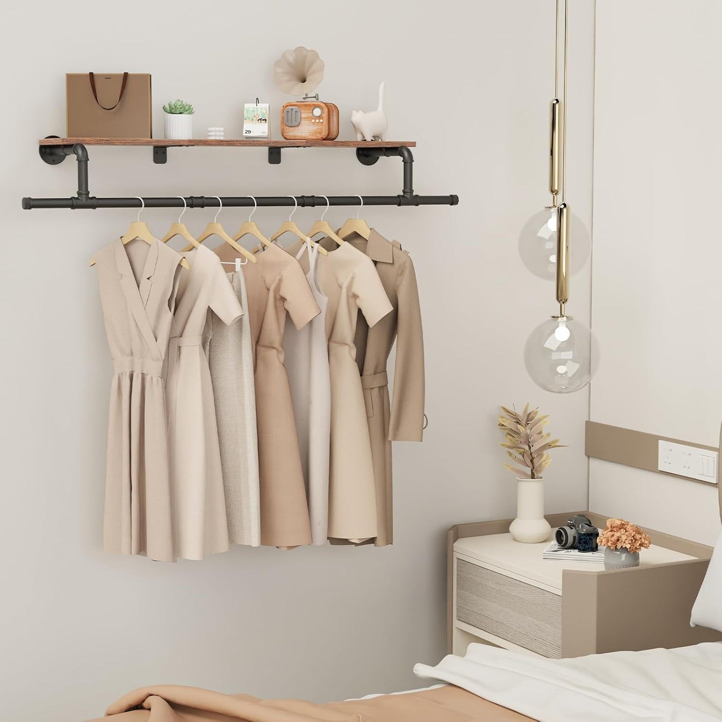 Wall Mounted Clothes Rack with Top Shelf, Space Saver Industrial Pipe Shelving, Heavy Duty Iron Closet Poles, Extension at Both Ends, 51.2×10.2×5.9 Inch, Black