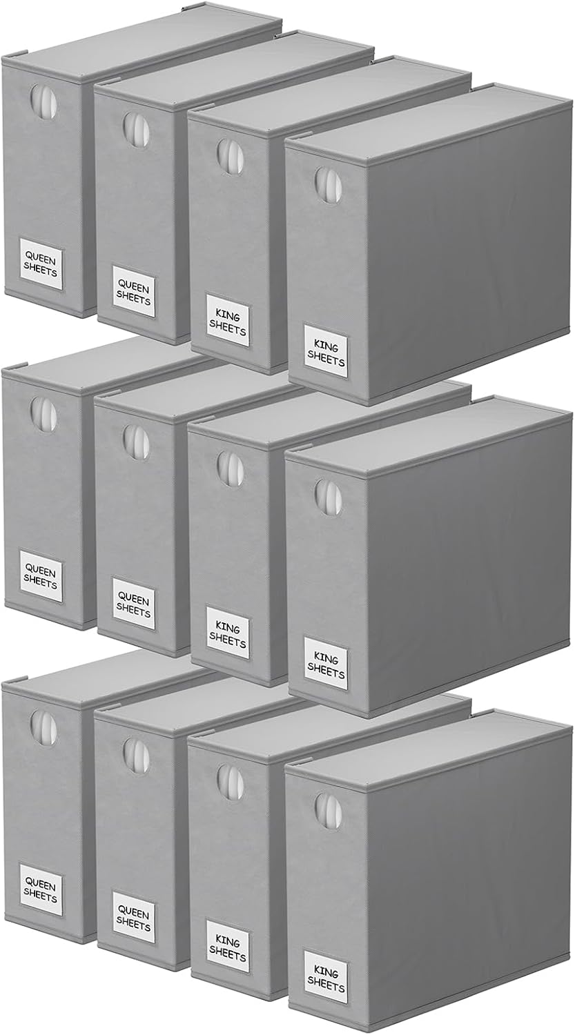 SpaceAid 12 Pack Bed Sheet Organizers and Storage, Foldable Sheet Organizer for Linen Closet, Sheets Set Folder Keeper with Window XL (Queen & King Size) Bedding Container (Gray, 12 Pack)