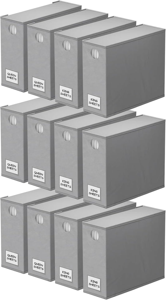 SpaceAid 12 Pack Bed Sheet Organizers and Storage, Foldable Sheet Organizer for Linen Closet, Sheets Set Folder Keeper with Window XL (Queen & King Size) Bedding Container (Gray, 12 Pack)