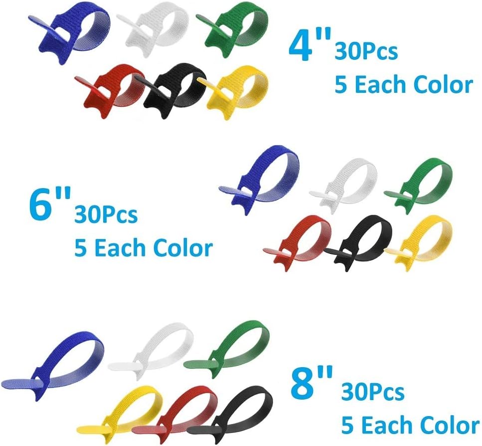 Reusable Hook and Loop Assorted (90-Pack), Assorted Color Self Gripping Multicolor Fastening Cable Ties - Multipurpose Microfiber Cloth Assorted Cable Organizer Ties