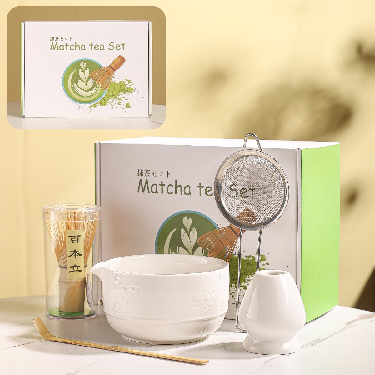 Matcha Tea Set, 5-Piece Ceramic Matcha Bowl & Whisk Kit with Cute Cat Pattern, Traditional Japanese Chawan, Scoop & Sifter, Perfect for Tea Ceremony, Gift for & Tea Lovers (white)